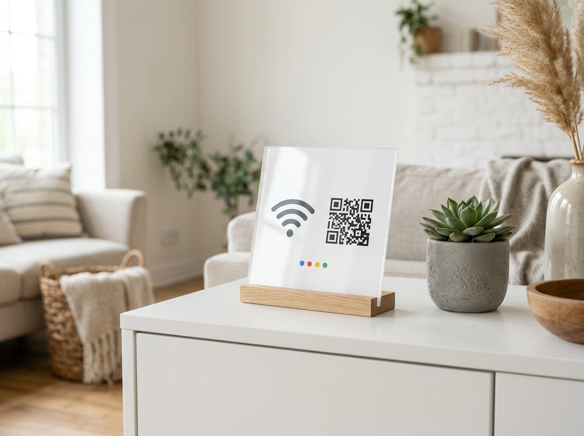 Placa de acrílico para compartir Wi‑Fi con NFC y QR en una sala